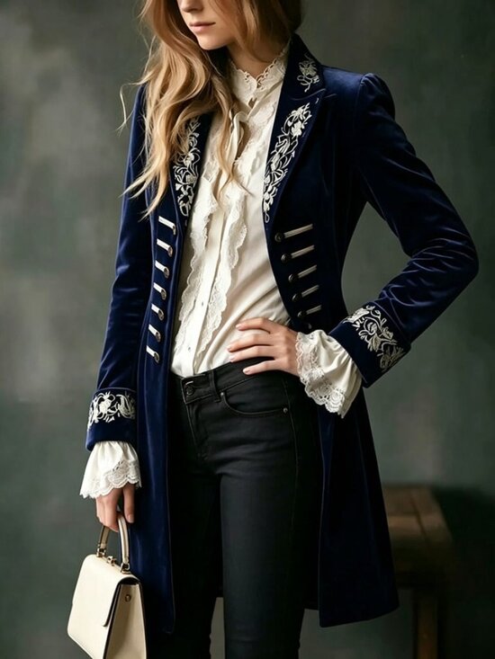 Jackets & Blazers - Navy Blue Elegant Victorian Women's Royal Velvet Coat with Floral Embroidery